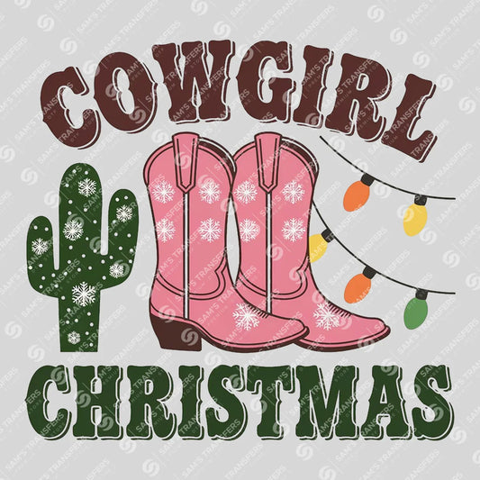 Apparel featuring a Cowgirl Christmas Cactus Lights-themed DTF transfer.