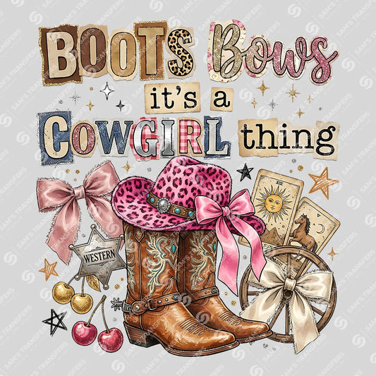 Apparel featuring a Boots and Bows It's a Cowgirl Thing Leopard-themed DTF transfer.