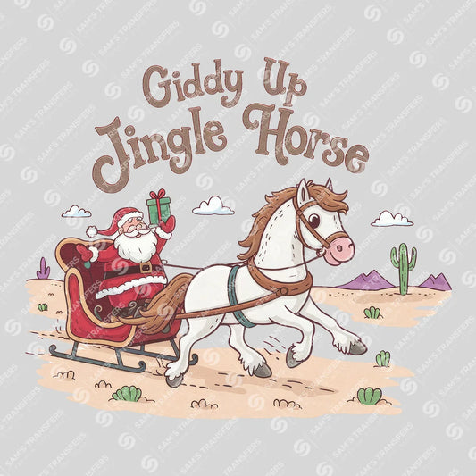 Apparel featuring a Giddy Up Jingle Horse-themed DTF transfer.