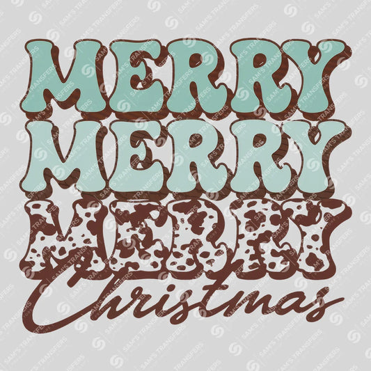 Apparel featuring a Merry Merry Merry Christmas-themed DTF transfer.