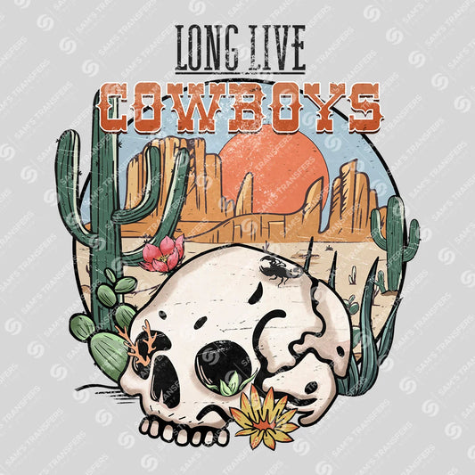 Apparel featuring a Long Live Cowboys-themed DTF transfer.