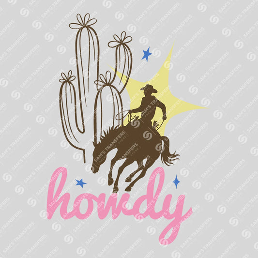 Apparel featuring a Howdy Bronco Rider-themed DTF transfer.