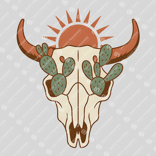 Apparel featuring a Bull Skull Prickly Pear Sun-themed DTF transfer.
