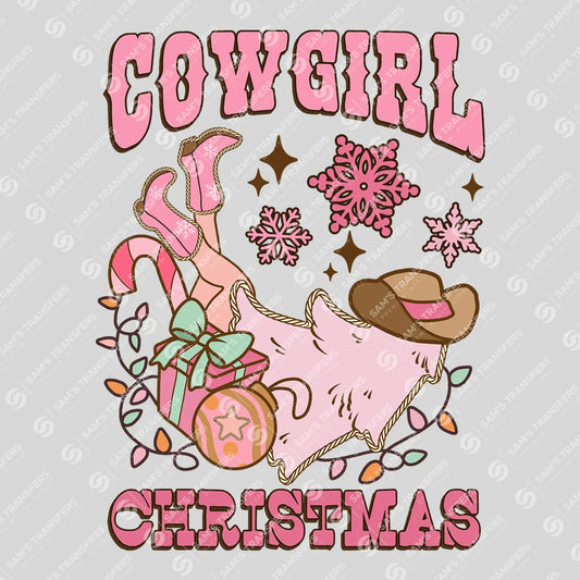 Apparel featuring a Cowgirl Christmas Boots and Lights-themed DTF transfer.