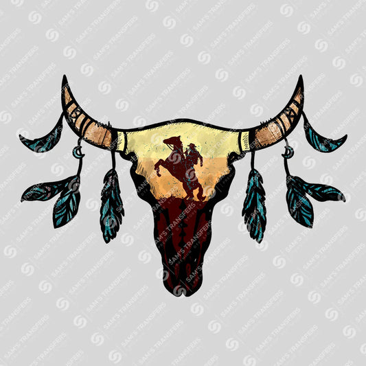 Apparel featuring a Longhorn Skull Cowboy Sunset-themed DTF transfer.