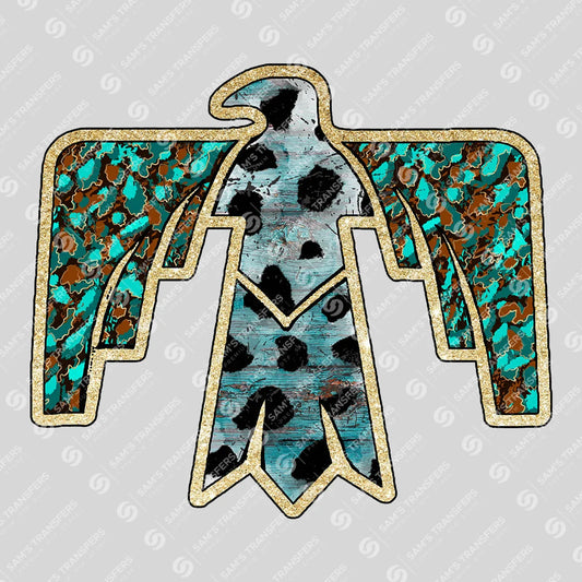 Apparel featuring a Turquoise Thunderbird-themed DTF transfer.