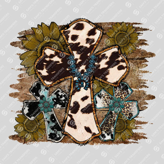 Apparel featuring a Western Crosses Sunflower-themed DTF transfer.