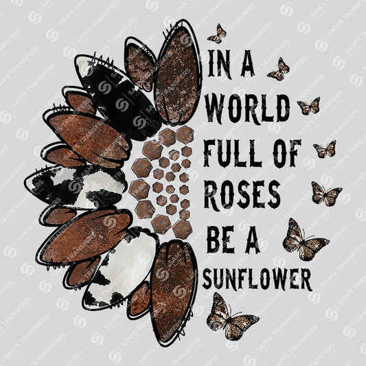 Apparel featuring a In a World Full of Roses Be a Sunflower-themed DTF transfer.