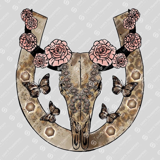 Apparel featuring a Rose Bull Skull Horseshoe-themed DTF transfer.