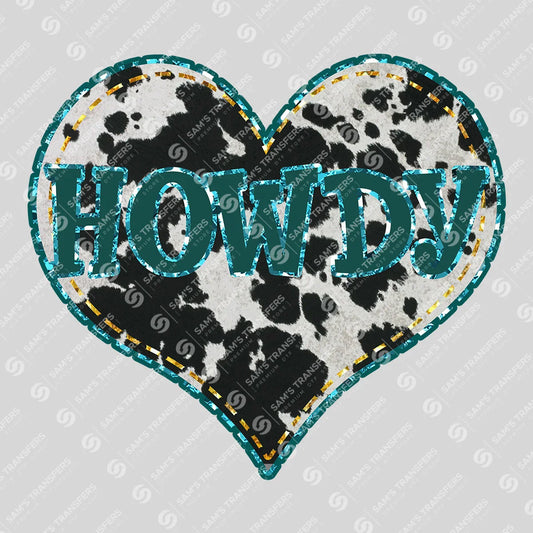 Apparel featuring a Howdy Cowhide Heart-themed DTF transfer.