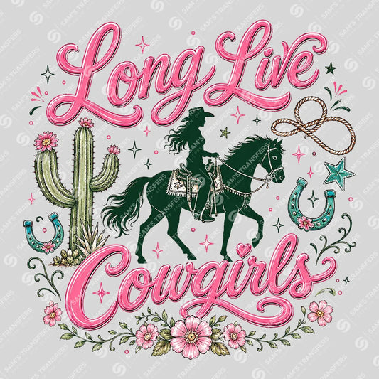 Apparel featuring a Long Live Cowgirls Pink-themed DTF transfer.