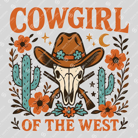 Apparel featuring a Cowgirl of the West-themed DTF transfer.