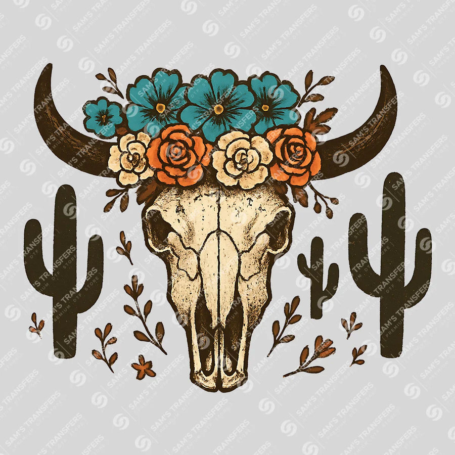 Floral Bull Skull Cactus Ready-to-Press DTF Transfer | SAT08069
