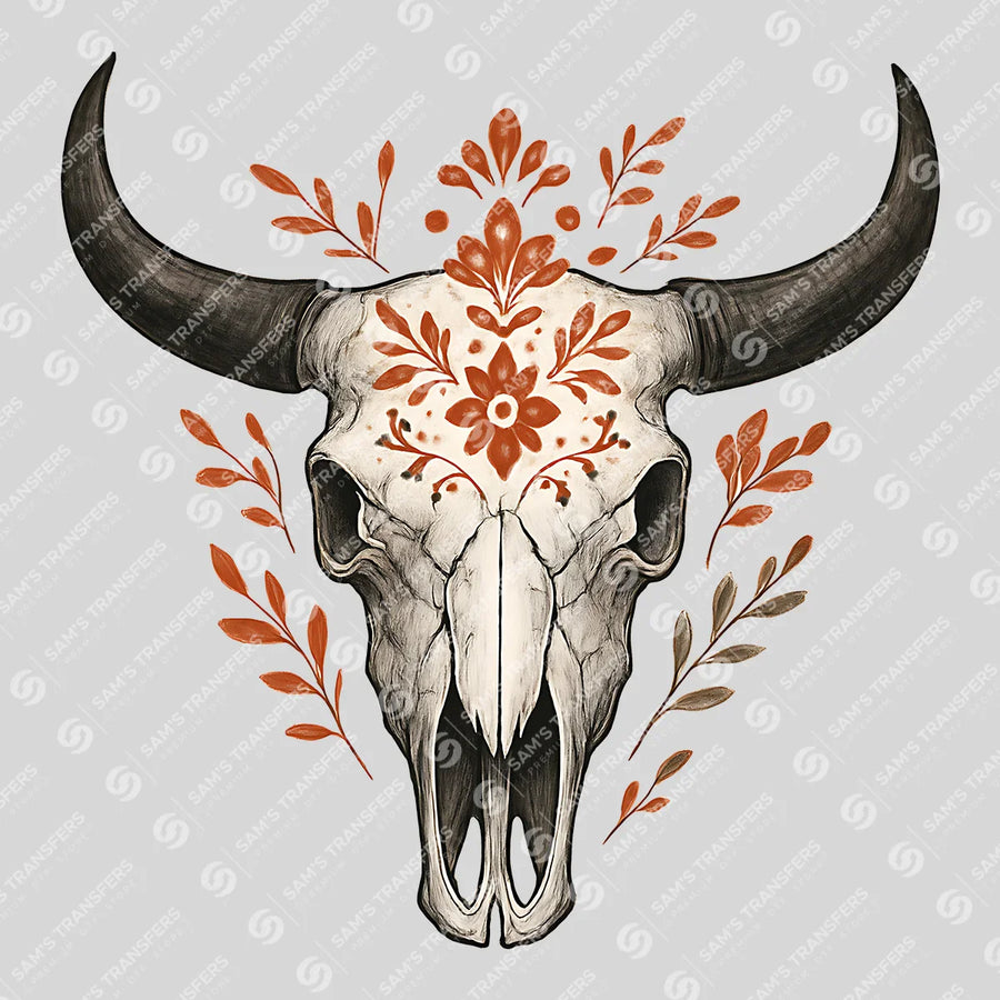 Folk Floral Bull Skull Ready-to-Press DTF Transfer | SAT08079