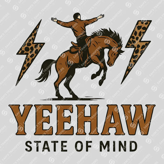 Apparel featuring a Yeehaw State of Mind-themed DTF transfer.