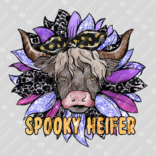 Apparel featuring a Spooky Heifer-themed DTF transfer.