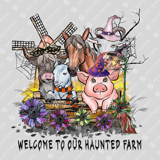 Apparel featuring a Welcome to Our Haunted Farm-themed DTF transfer.