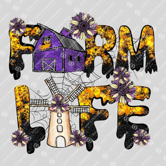 Apparel featuring a Farm Life Purple Barn-themed DTF transfer.