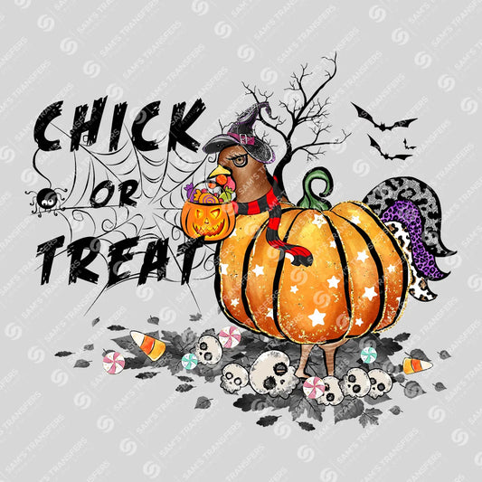Apparel featuring a Chick or Treat-themed DTF transfer.