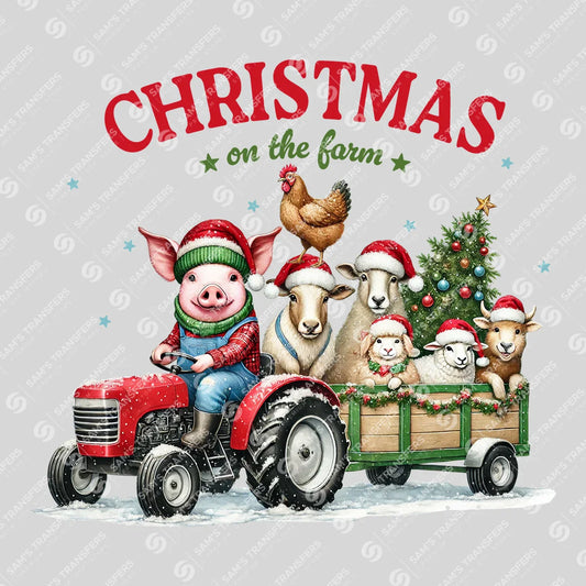 Apparel featuring a Christmas on the Farm Tractor-themed DTF transfer.