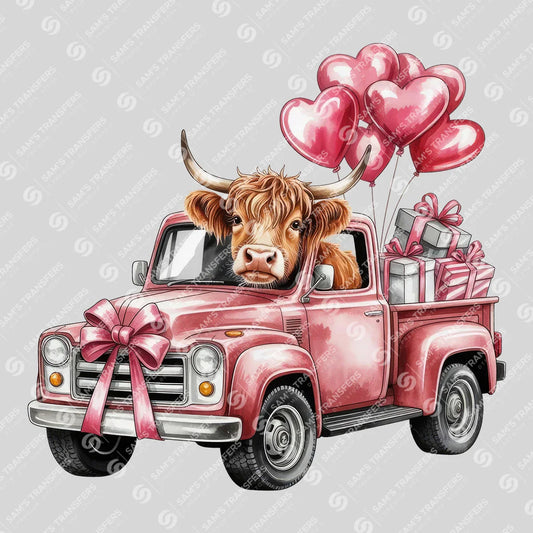 Apparel featuring a Valentine Highland Cow Truck-themed DTF transfer.