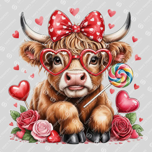 Apparel featuring a Sweet Valentine Highland Cow-themed DTF transfer.