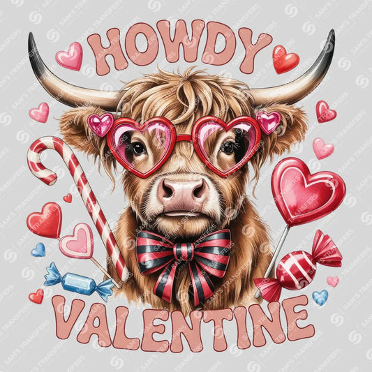 Apparel featuring a Howdy Valentine Highland Cow-themed DTF transfer.