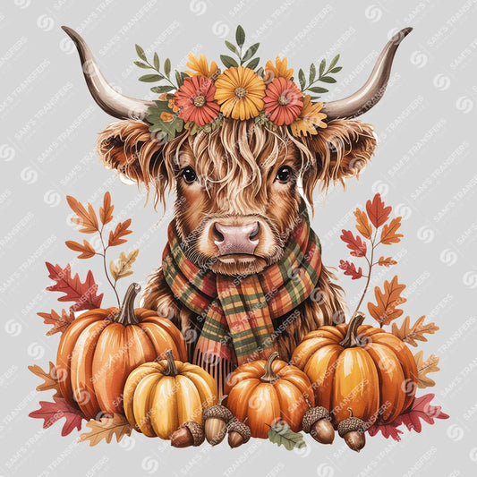 Apparel featuring a Fall Floral Highland Cow-themed DTF transfer.