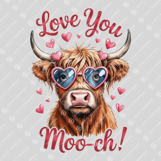 Apparel featuring a Love You Mooch-themed DTF transfer.