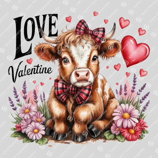 Apparel featuring a Love Valentine Baby Cow-themed DTF transfer.