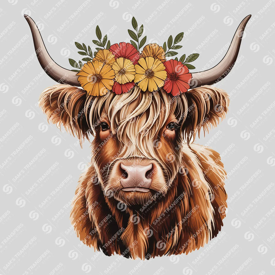 Floral Highland Cow Portrait Ready-to-Press DTF Transfer | SAT08223