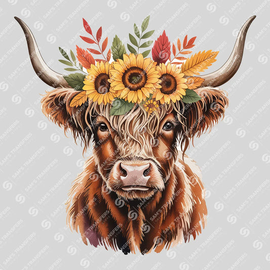 Apparel featuring a Boho Sunflower Highland Cow-themed DTF transfer.