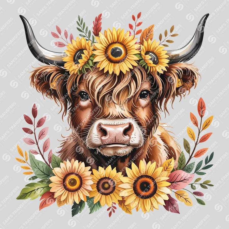 Sunflower Wreath Highland Cow Ready-to-Press DTF Transfer | SAT08245