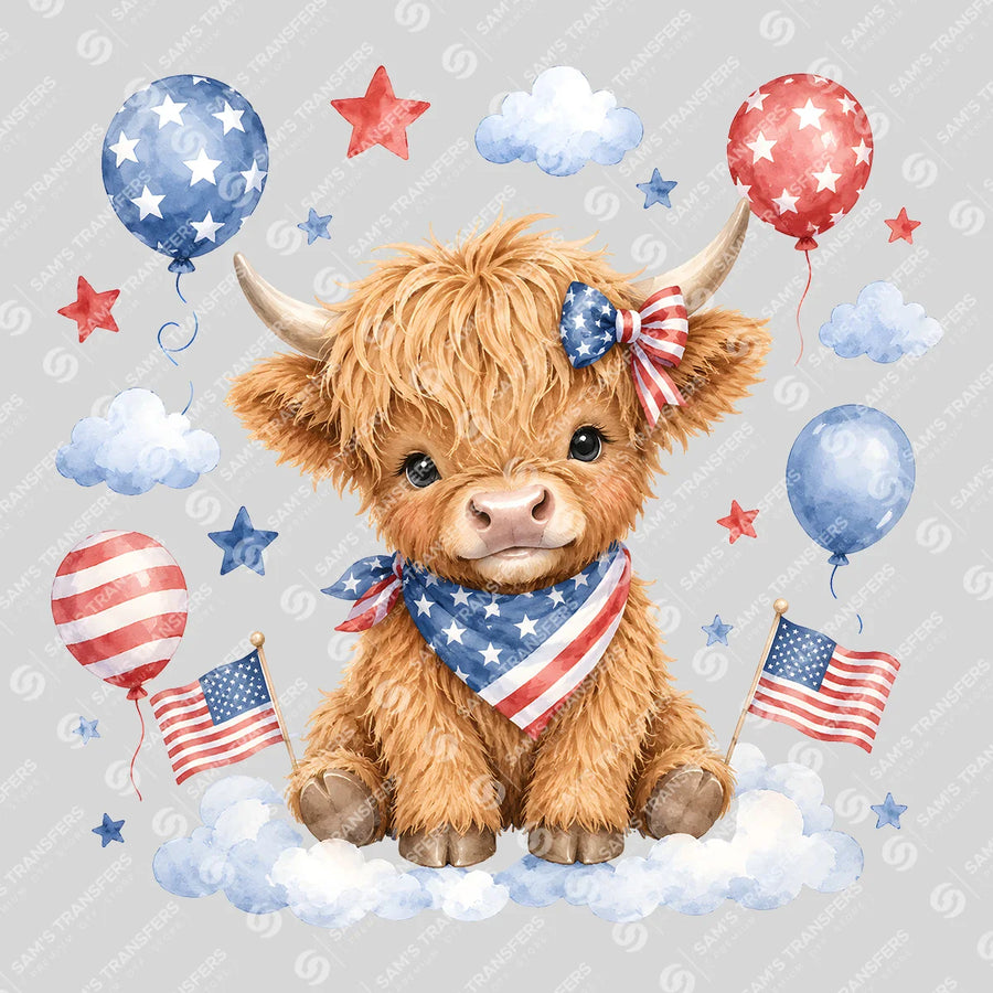 Patriotic Highland Cow Balloons Ready-to-Press DTF Transfer | SAT08269