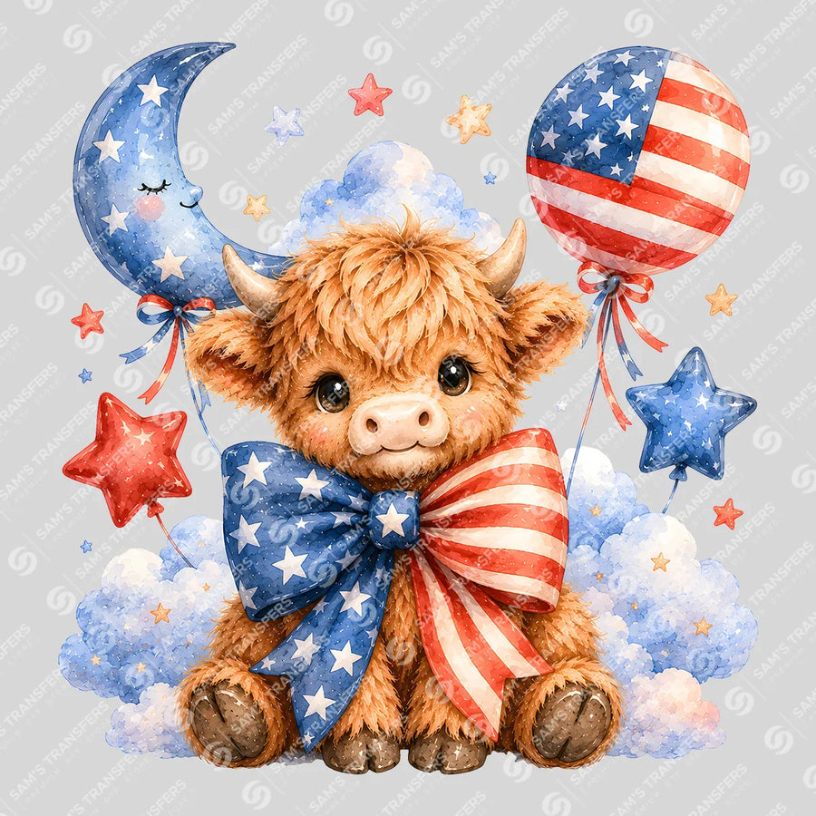 Patriotic Bow Highland Cow Ready-to-Press DTF Transfer | SAT08277