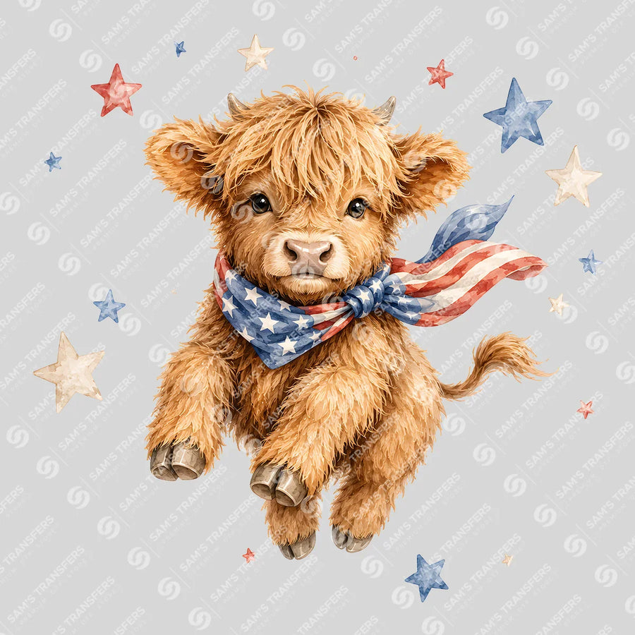 Patriotic Bandana Highland Cow Ready-to-Press DTF Transfer | SAT08280
