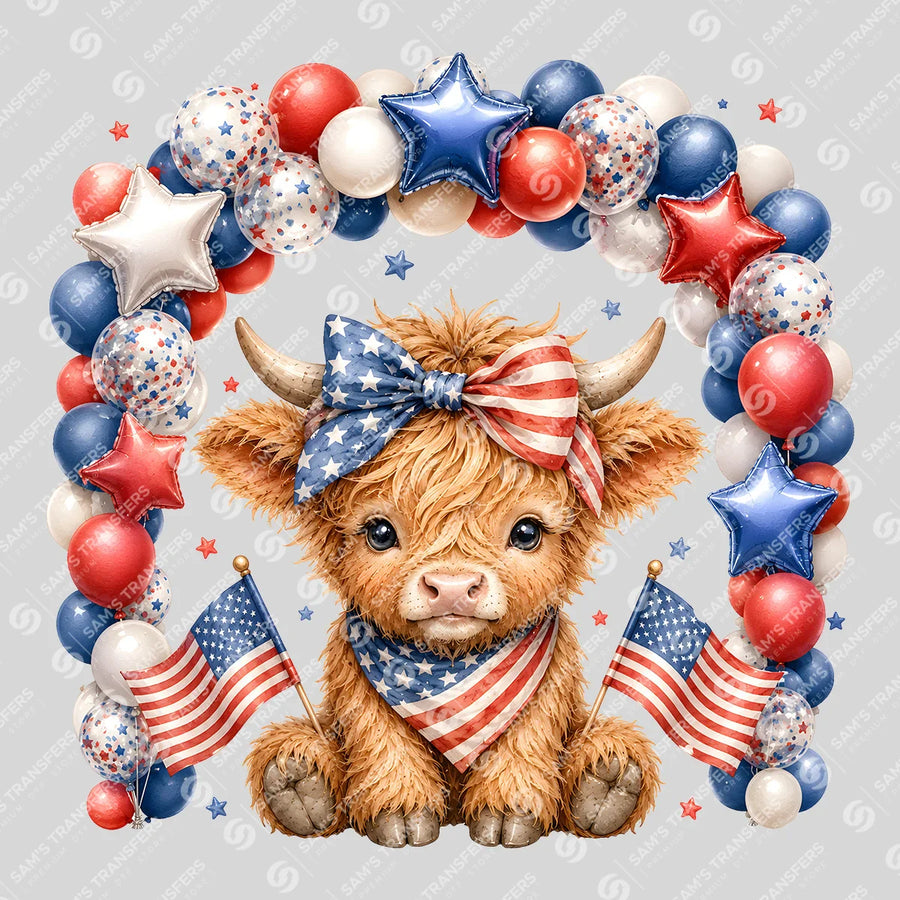 Patriotic Balloon Wreath Cow Ready-to-Press DTF Transfer | SAT08286