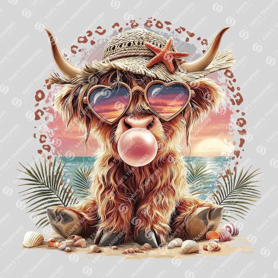Beach Bubblegum Highland Cow Ready-to-Press DTF Transfer | SAT08289