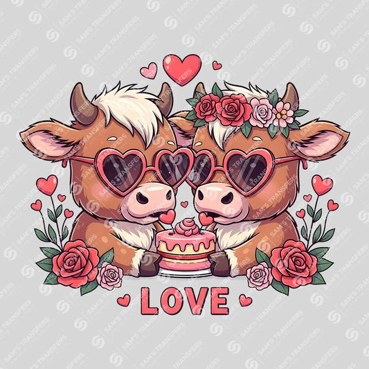 Apparel featuring a Highland Cow Love Couple-themed DTF transfer.