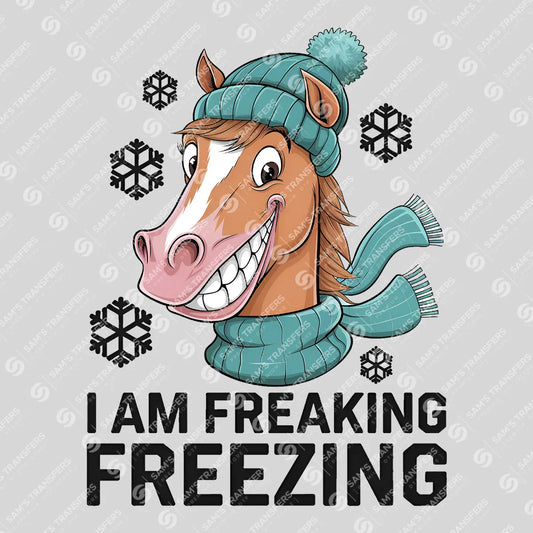 Apparel featuring a I Am Freaking Freezing-themed DTF transfer.