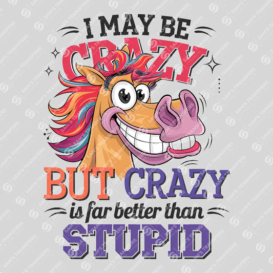 Apparel featuring a Crazy Is Better Than Stupid-themed DTF transfer.