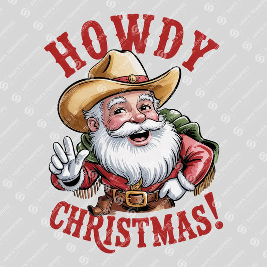Apparel featuring a Howdy Christmas-themed DTF transfer.