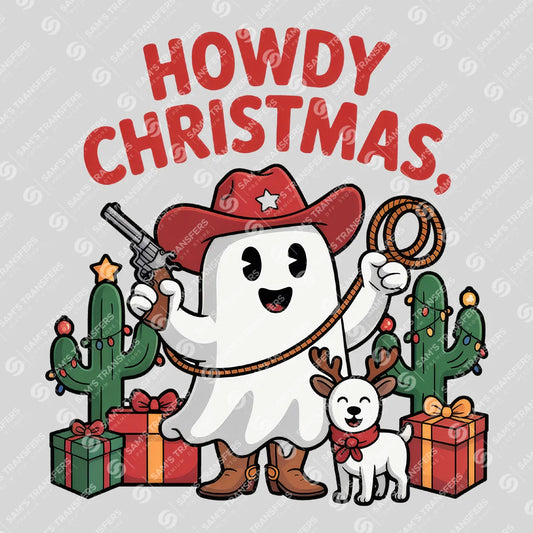 Apparel featuring a Howdy Christmas-themed DTF transfer.