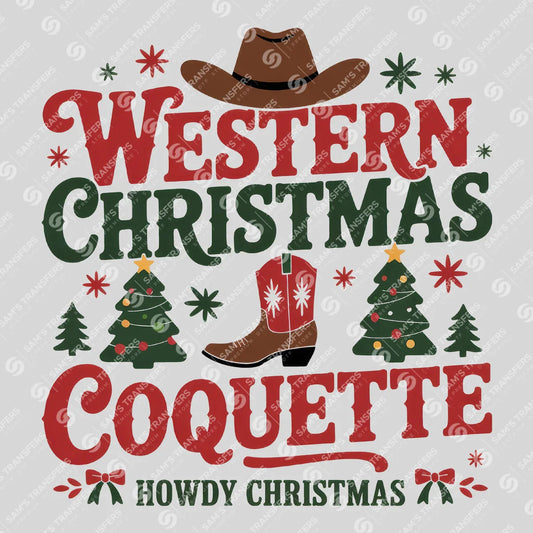 Apparel featuring a Western Christmas Coquette-themed DTF transfer.