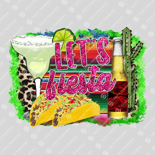 Apparel featuring a Let's Fiesta-themed DTF transfer.