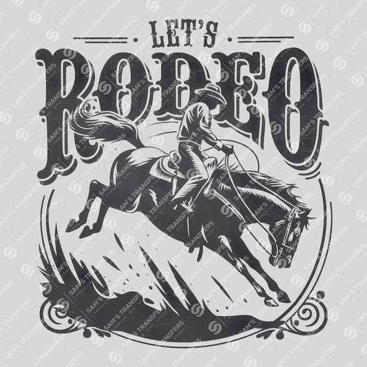 Apparel featuring a Let's Rodeo-themed DTF transfer.