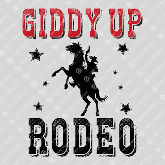 Apparel featuring a Giddy Up Rodeo-themed DTF transfer.