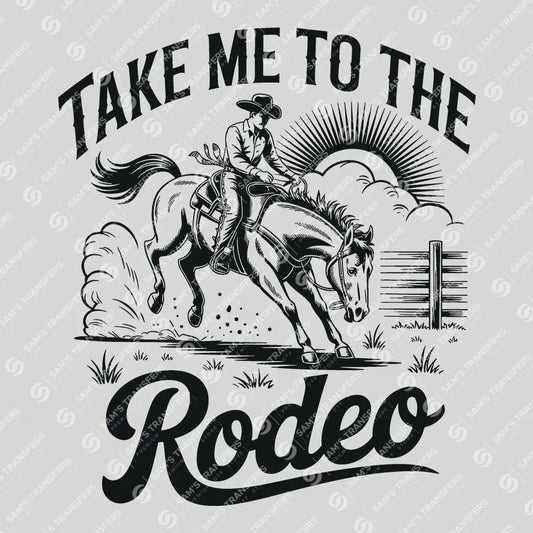 Apparel featuring a Take Me to the Rodeo-themed DTF transfer.