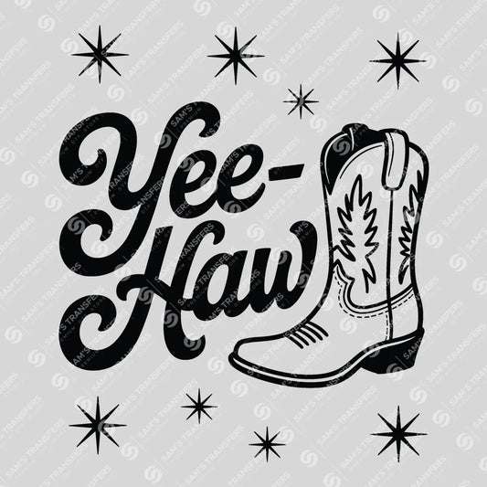 Apparel featuring a Yee Haw-themed DTF transfer.