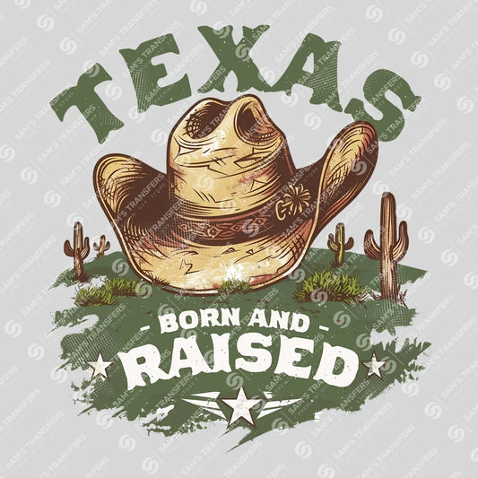 Apparel featuring a Texas Born and Raised-themed DTF transfer.
